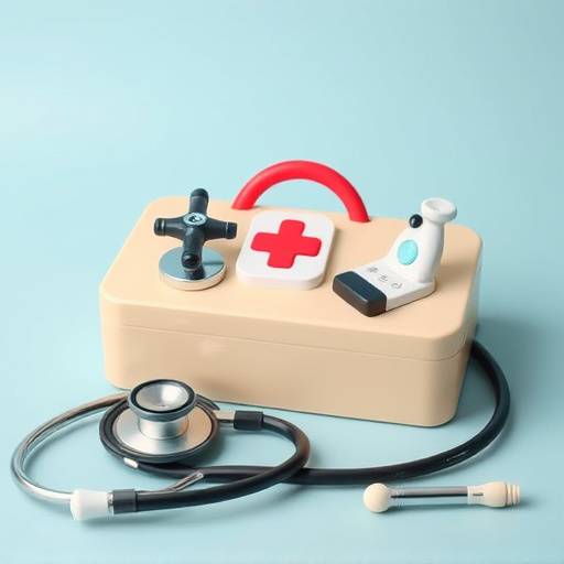 A doctor's kit with toy stethoscope and medical instruments