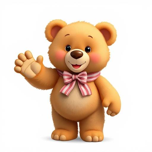 A playful illustration of a teddy bear waving, inviting visitors to the showroom.