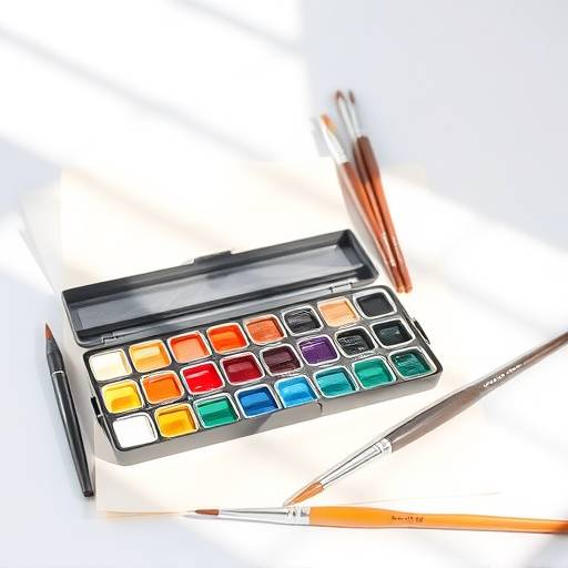 A set of watercolor paints with brushes and paper