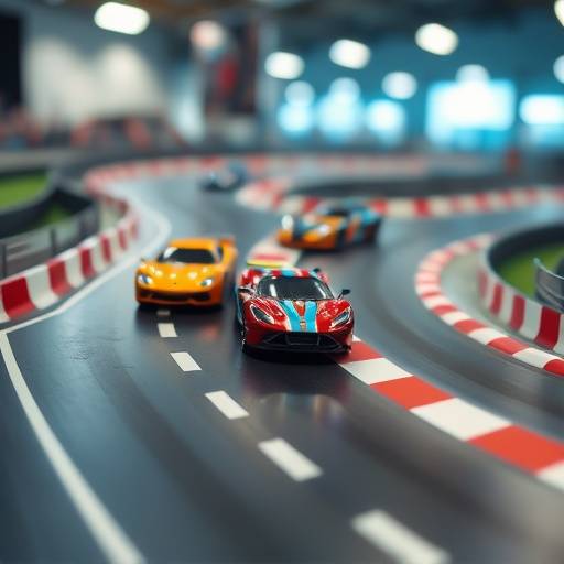 A toy car racing track with several cars in motion