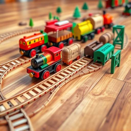 A wooden train set with colorful tracks and carriages