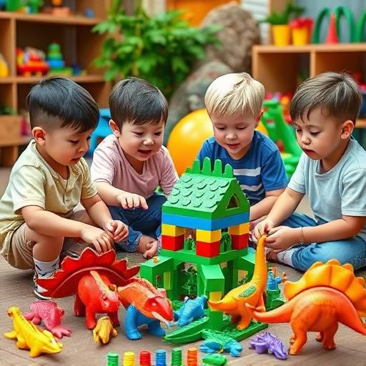 Build-a-Mania Dinosaur Building Blocks - Children playing with toy dinosaurs