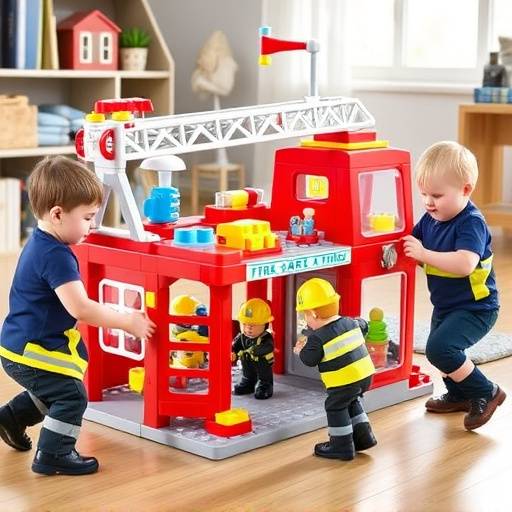 Build-a-Mania Fire Station Set - Children playing firefighters around a block fire station