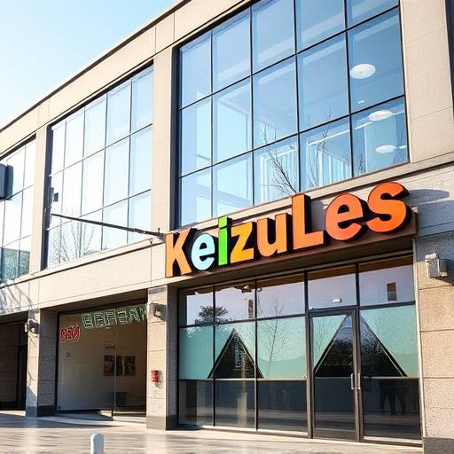 Exterior view of The Toy Trove headquarters, a modern building with large windows and a colourful sign.