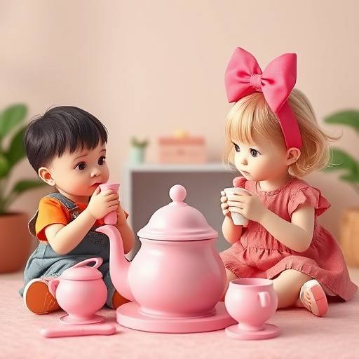 Playtime Pals Tea Party Set - Children playing with a pink toy tea set